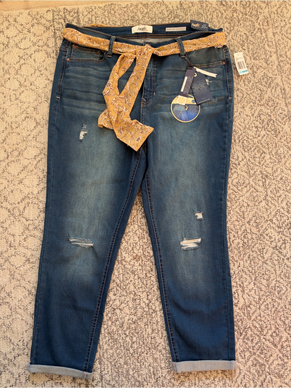 Angels Skinny Distressed Dark Blue Jeans with Mustard Floral Tie